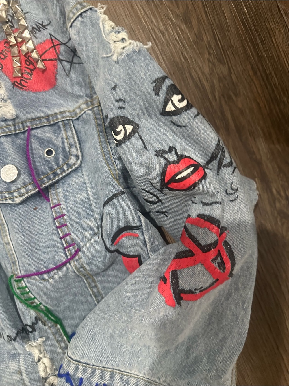 AKIRA Light Wash Denim Jacket with Multicolor Embroidery & Studs - Picture 3 of 7